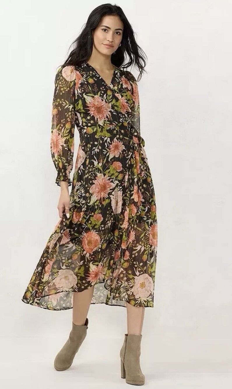 LC Lauren Conrad maxi dress floral orange gold black festive  women's S